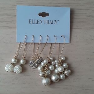 Ellen Tracy Elegant earrings set of 3, bead pearl